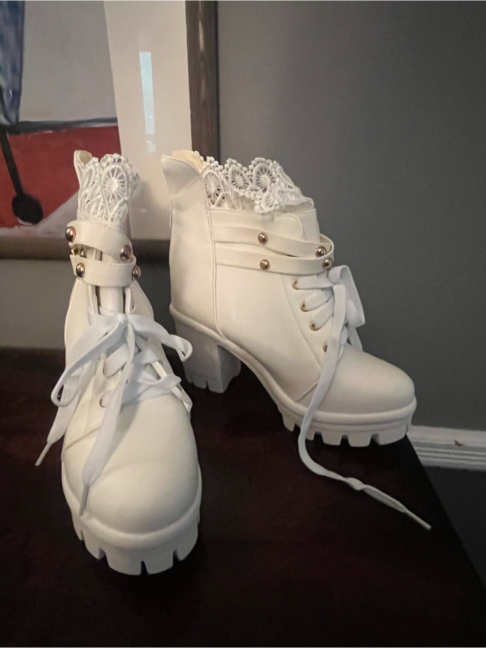 NIB White Lace Trim Platform Ankle Boots Studded Heeled Booties Size EU 40